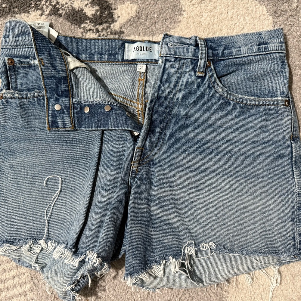 Agolde Light Blue Frayed Denim Shorts